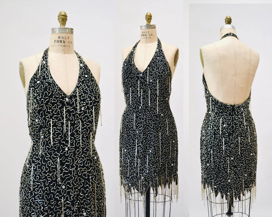 90s Vintage Black Silver Beaded Fringe Showgirl Dress Medium // 90s Black Silver Beaded Halter Dress Party Fringe Flapper Dress Nite line