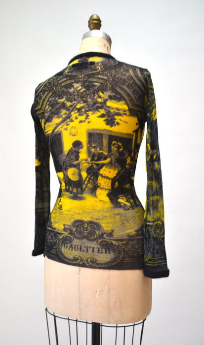 00s Jean Paul Gaultier Mesh Shirt long sleeve Spanish Black Yellow Cardigan Mesh Sheer Shirt Pop Art Fashion Party top Jean Paul Gaultier
