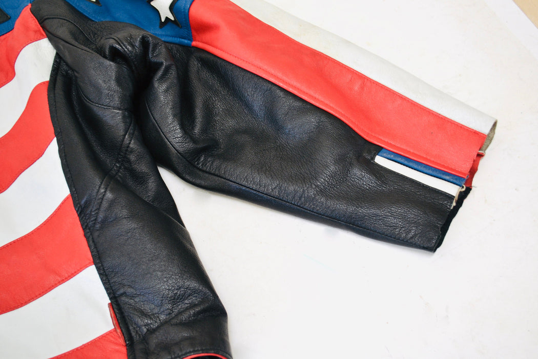 Mens Vintage Black Leather Motorcycle Jacket USA American Flag LA ROXX// Vintage Mens Leather Jacket Biker America Jacket L.A. Roxx