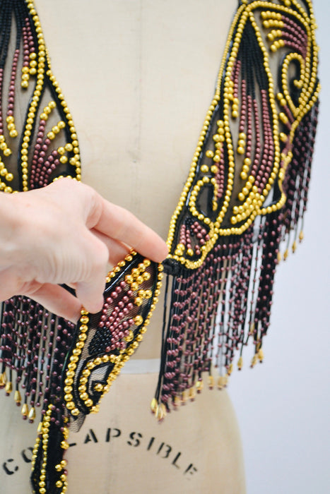 Vintage Gold Black Beaded Rhinestone Shawl Wrap Burlesque Wedding Flapper Gold Metallic Beaded Vintage Fringe Collar Shawl GOld Flapper