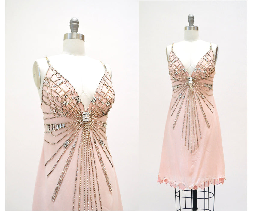 2000s Y2k Vintage Pink Silk Rhinestone Slip Dress XS Small// y2k Vintage Pink Silk Slip Party Dress Rhinestones Pink Silk 2000s Party Dress