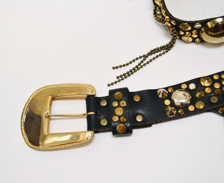 80s Vintage Black Gold Studded Rhinestone belt by Michael Morrison Black Leather Gold fringe Metallic Belt Rockstar Belt Medium large