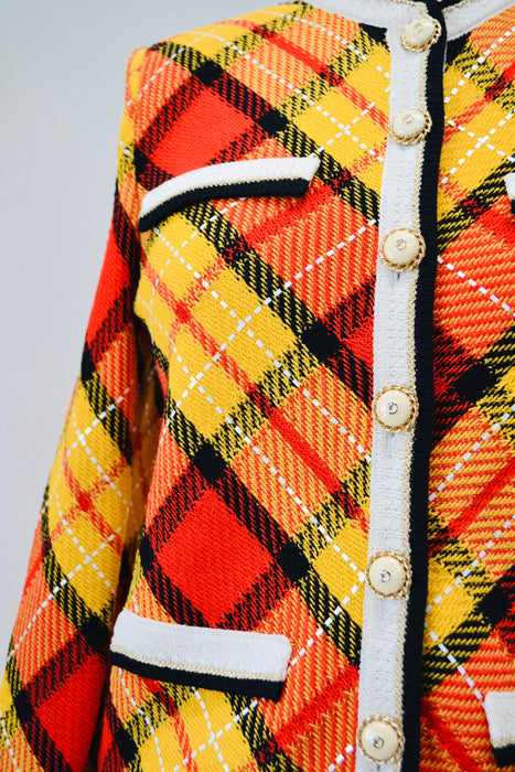 80s 90s Vintage St. John Collection Yellow Plaid Sweater Cardigan Jacket Yellow Black Red Gold Plaid Knit Jacket Small Cardigan St John