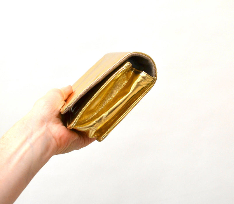 Vintage Gold Leather Clutch Purse Hand Bag// Vintage Metallic Gold Leather Bag Purse Evening Bag