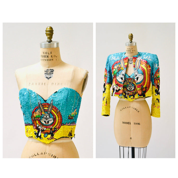 Vintage Jeanette Kastenberg Platinum Sequin Jacket Looney Tunes Bugs Bunny Warner Brothers Cartoon Comic Beaded Jacket Small