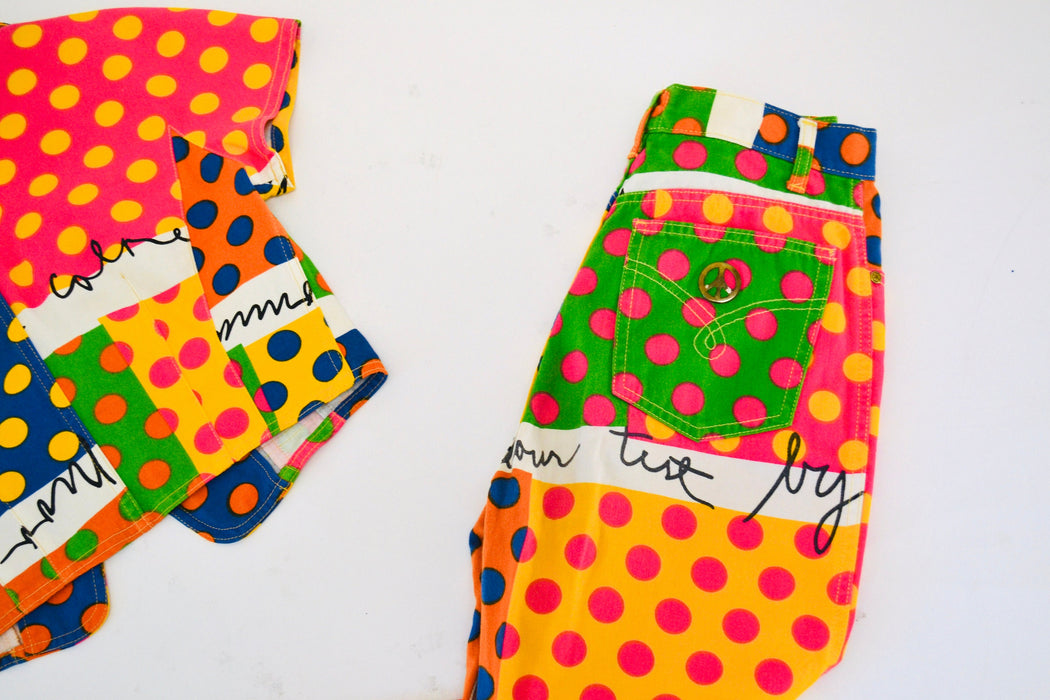 90s Vintage Moschino Jeans Polka Dot Suit Cropped Jacket Jeans Pants With Rainbow Polka Dot Print Size Small Medium Fashion Pop Art