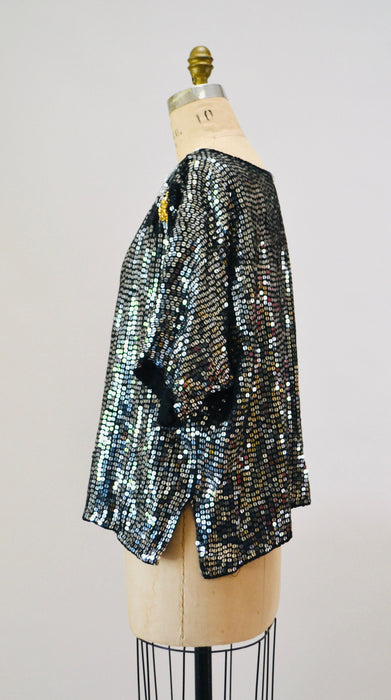 70s 80s Vintage Beaded Shirt Top Black Silver Top Large Shirt 70s 80s Glam Disco party Silver Metallic Sequin Top Size Medium Large