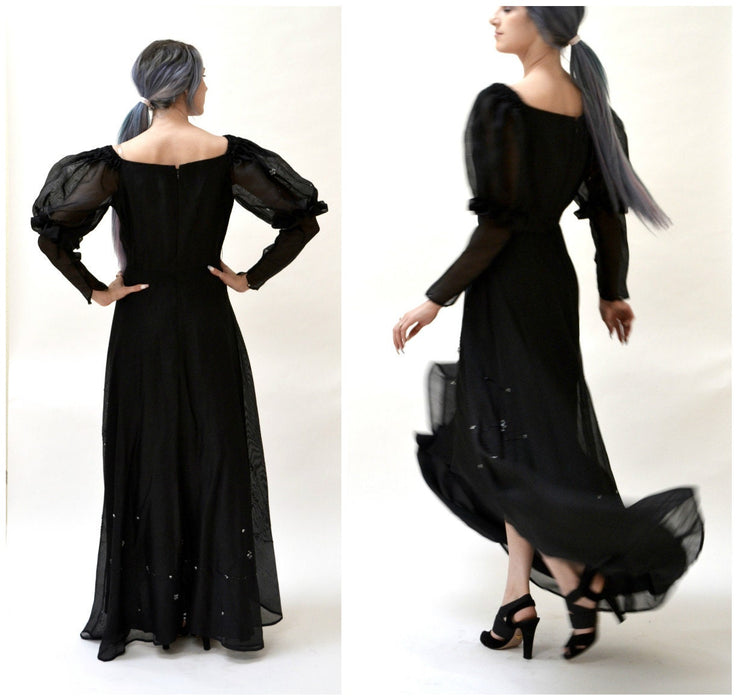 Black Silk Evening Gown Dress Size Small Medium Open Shoulder// 80s Black Dress Size Small Medium Black Silk Dress Beaded Evening Gown