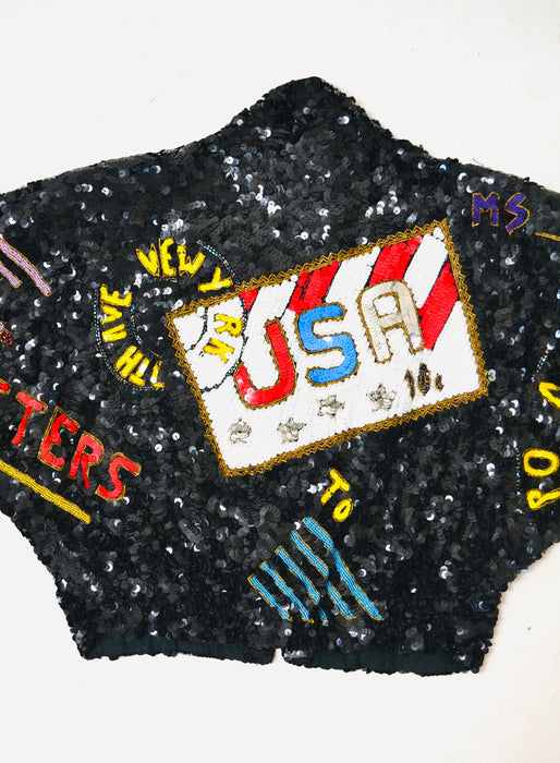 80s 90s Vintage Sequin USA Jacket American Flag USPS Jacket Medium By Modi// Vintage Black Sequin Jacket USA America Olympics Sequin Jacket