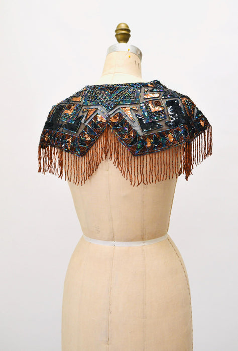 90s Vintage Beaded Fringe Shawl Wrap Burlesque Wedding Flapper Brown Black Metallic Beaded Vintage Fringe Collar Shawl Showgirl Festival