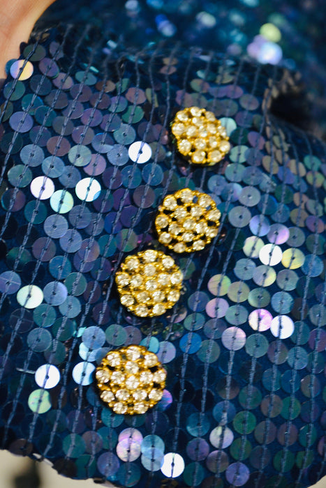 80s 90s Glam Vintage Blue Iridescent Sequin Jacket Large Blue Metallic Gold Rhinestone Buttons Jacket Sequin Jacket Jeanette Kasetenberg