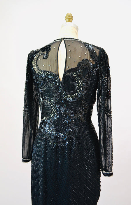 80s 90s GLAM Vintage Black Beaded Sequin Party Cocktail Dress Small Medium by Nighline Black Silk Long Sleeve Party Pageant Sequin Dress