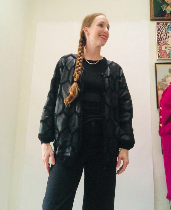 70s 80s Vintage Black Leather Jacket Patchwork Granny Square Leather Jacket Cardigan Sweater Small Medium Black Leather PatchWork Jacket