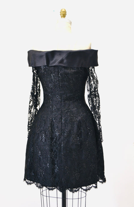 90s 00s Vintage Black Lace Dress off the shoulder Dress by Liancarlo// Black lace Dress XS Small Neiman Marcus