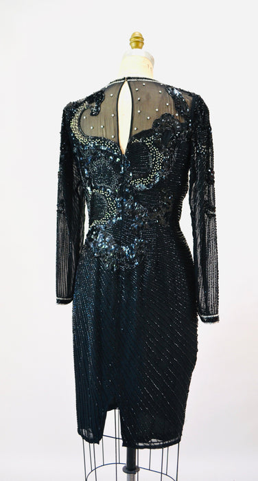 80s 90s GLAM Vintage Black Beaded Sequin Party Cocktail Dress Small Medium by Nighline Black Silk Long Sleeve Party Pageant Sequin Dress