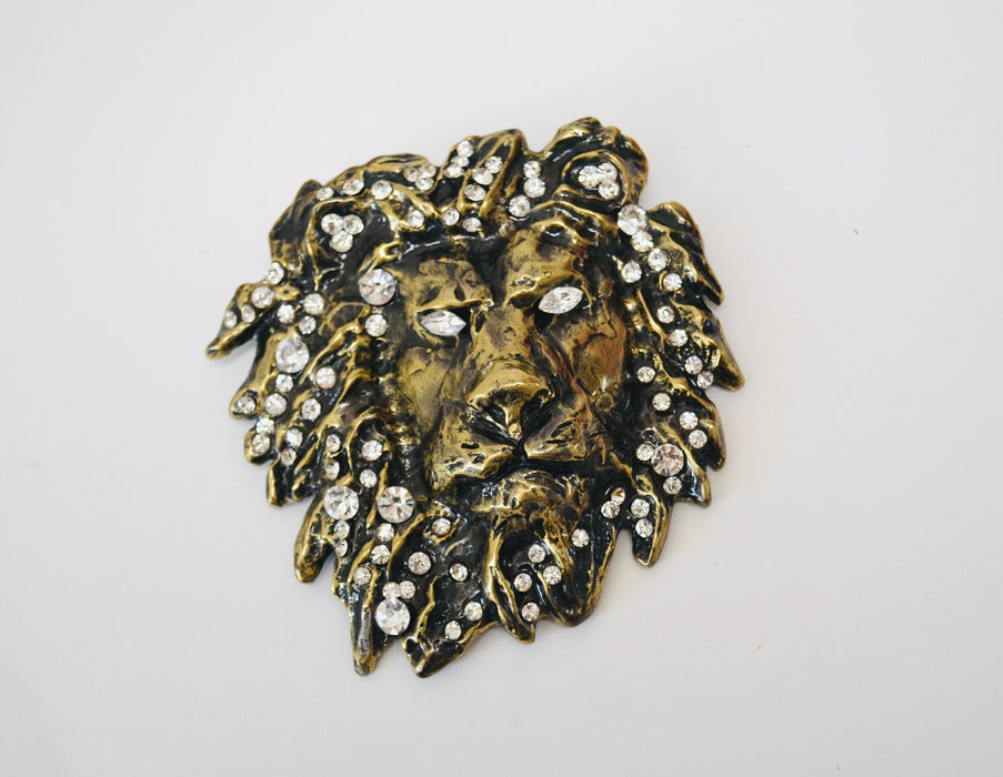 90s Vintage Katherine Baumann Beverly Hills Brass Swarovski Crystal Lion Belt Buckle Metallic Rhinestone Belt Buckle Large Cat LION Metallic