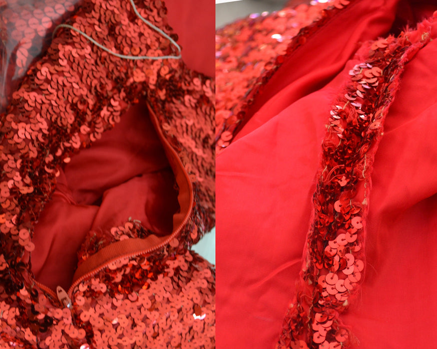 70s Vintage Red Sequin Gown Dress Red Sequin Showgirl One shoulder asymmetrical Dress Small Medium Pageant Jessica Rabbit Princess Costume