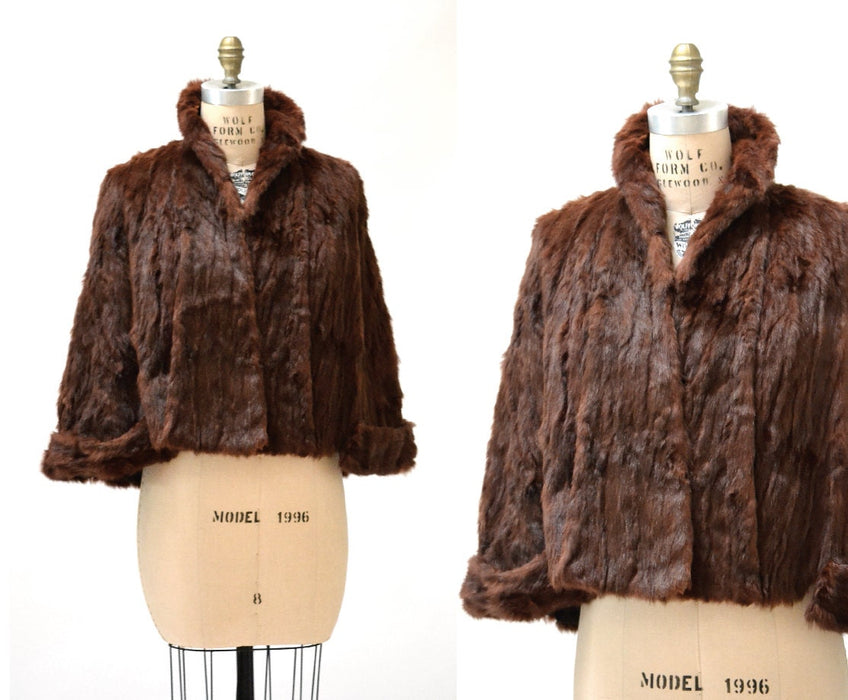 Vintage Fur Stole jacket Brown Vintage Fur Cape Caplet Brown Auburn// 1930s 40s Brown Vintage Fur Cape Stole Jacket