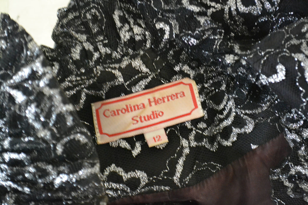 80s Vintage Black Silver Metallic Lace Jacket Blazer Suit by Carolina Herrera Studio Medium Large// 80s Black Lace Jacket Suit Ruffle Jacket