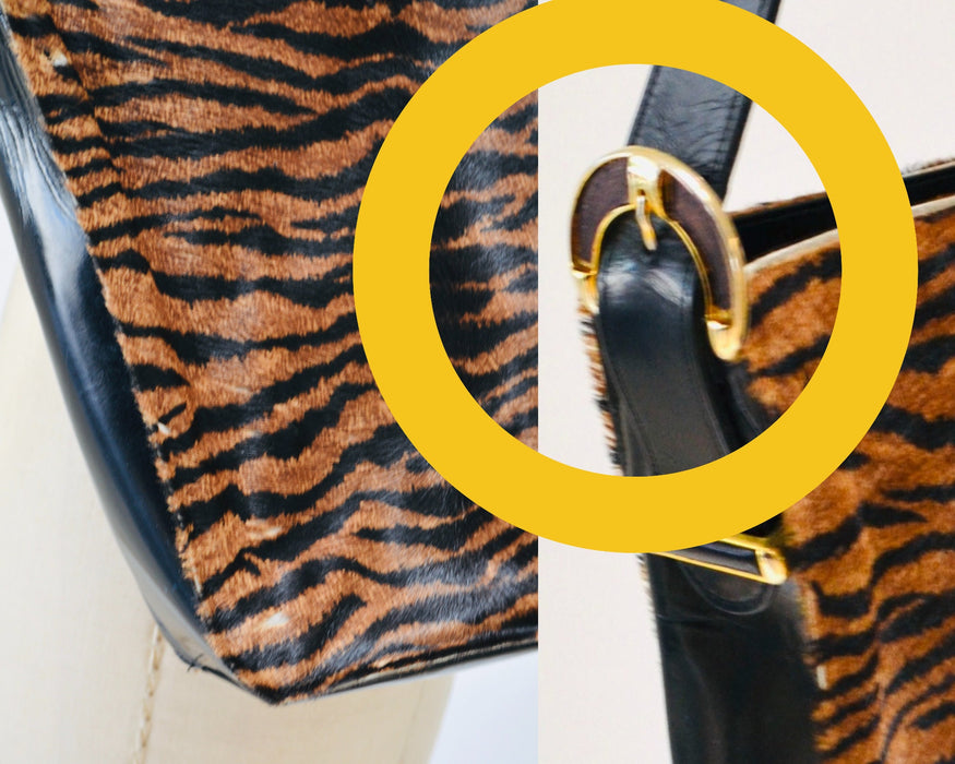 90s Vintage Tiger Stripe Pony Hair Leather Purse Black brown Zebra Stripe Leather Handbag Charles Jourdan Medium Purse Made in France