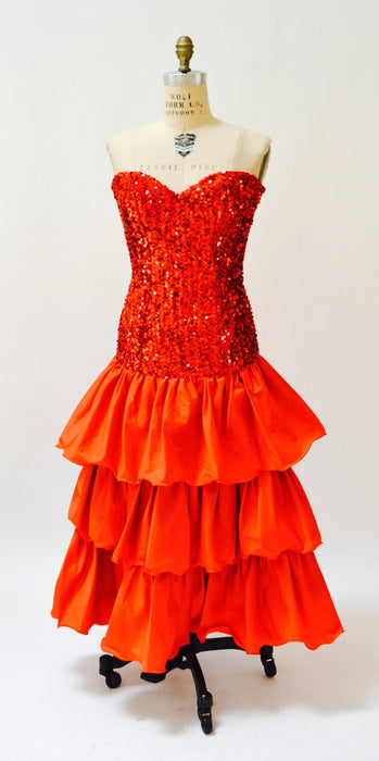 Vintage Red 80s Party Prom Dress Sequin Evening Gown Strapless Red XS Small// 80s Prom Pageant Dress Red Sequins Strapless Gown XS Small
