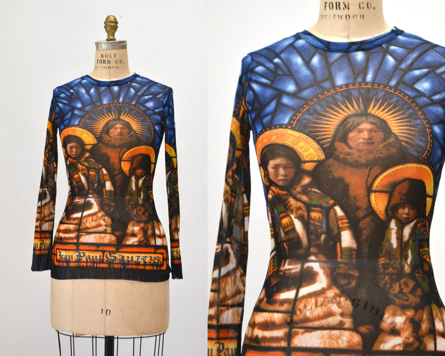 90s Jean Paul Gaultier Mesh Shirt long sleeve Sheer Stained Glass Mesh Native American Top Mesh Sheer Shirt Fashion top Jean Paul Gaultier