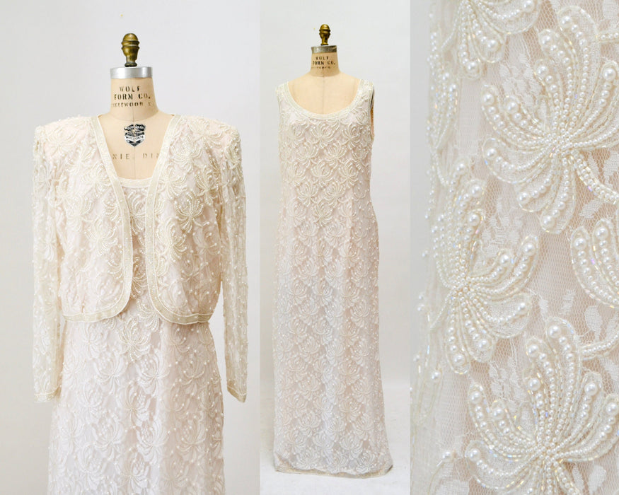 90s Vintage Cream White Lace Beaded Party Wedding Gown Beaded Pink White Lace Jacket Large// Vintage Beaded Pearl Lace Wedding Dress large