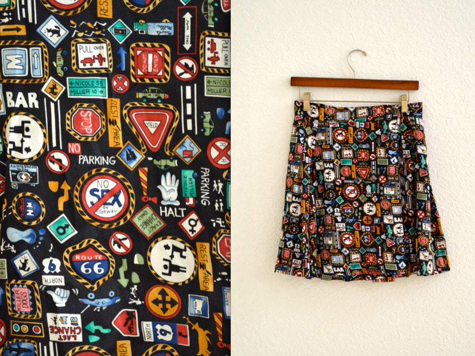 90s Vintage Printed Wrap Skirt Silk Tennis by Nicole Miller with Road Street Signs//  Vintage Pleated Skirt in Silk with Traffic Signs