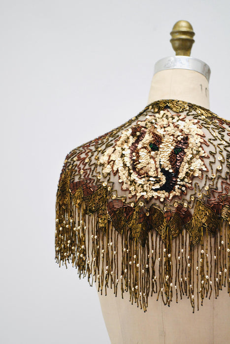 90s Vintage Metallic Beaded Sequin Fringe Shawl Lion Lioness Sequin Wrap Metallic Beaded Wrap Lion King Sharmark Las Vegas Showgirl