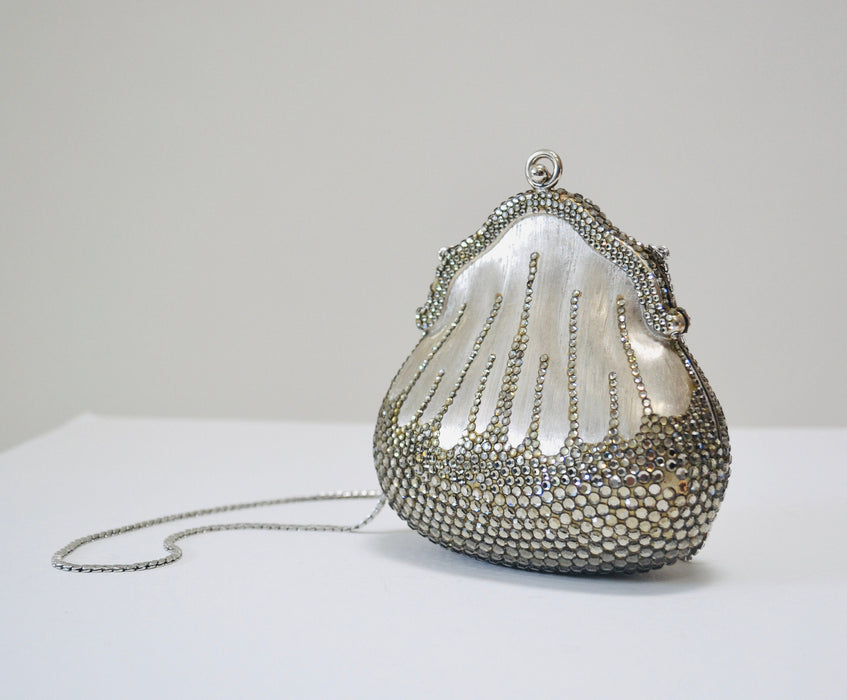 Vintage Silver Judith Leiber 1967 Chatelaine Minaudiere Swarovski Crystals Silver Hard Metal Clutch Bag wedding Purse By Judith Leiber