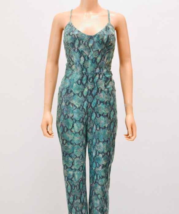 2000s Y2k Leather Jumpsuit Snake Print leather Cat Suit  Blue Green Snake Skin Print By Michael Hoban North Beach Leather Size XS Small