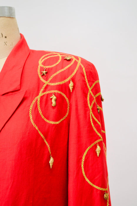 80s 90s Vintage Nautical Red Suit Jacket Blazer Skirt Red Gold Nautical Suit Linen Blazer Medium Large Lillie Rubin Boat Party Jacket Suit