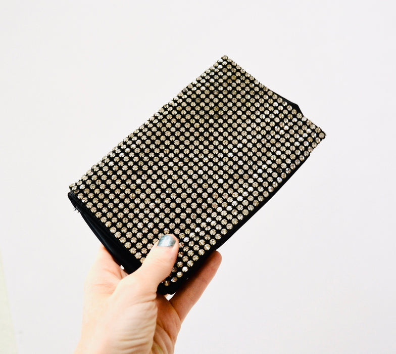 40s 50s Vintage Rhinestone Clutch Evening Bag// Vintage Metallic Clutch// Vintage Metallic Silver Black Evening Bag Rhinestone Purse
