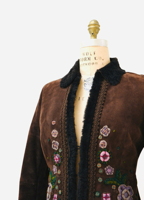 90s 00s Y2k Vintage Moschino Cheap and Chic Embroidered Shearling Sheepskin Jacket Afghan Coat Brown Purple Flower Jacket Small Medium