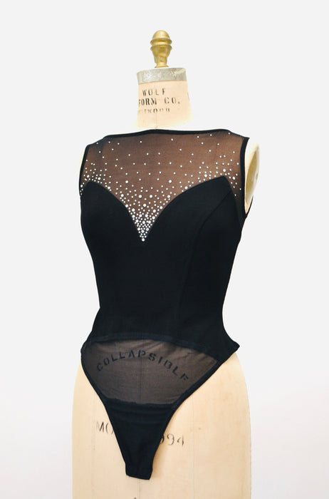 90s Black Sheer Body Suit Cache Size Medium // Black Body Suit Sheer Mesh Thong Body Suit Size Small Medium Long sleeve Mock Neck Body Suit
