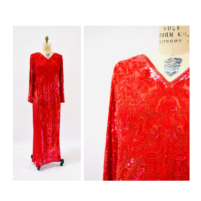90s Vintage Red Sequin Beaded Dress Evening Gown Medium Large// 80s 90s Glam Red Sequin Long Sleeve Dress Beauty Pageant Showgirl Gown