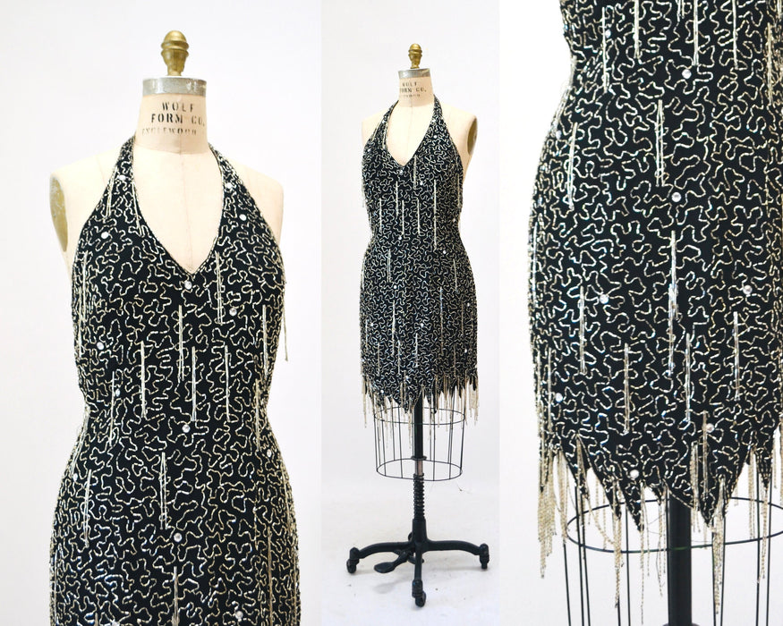 90s Vintage Black Silver Beaded Fringe Showgirl Dress Medium // 90s Black Silver Beaded Halter Dress Party Fringe Flapper Dress Nite line