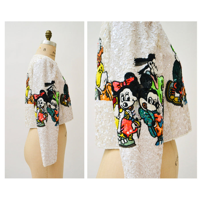 Vintage Jeanette Kastenberg Platinum Beaded Jacket Disney Mickey Minnie Mouse Donald Duck Beaded Bolero Jacket Comic Cartoon Medium Large