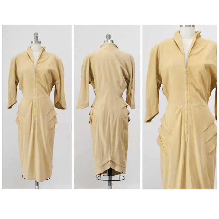 80s 90s Vintage Thierry Mugler Leather Dress Spring Summer 1989 Thierry Mugler Paris Tan Sueded Leather Dress Small Medium 24 Woman Dress