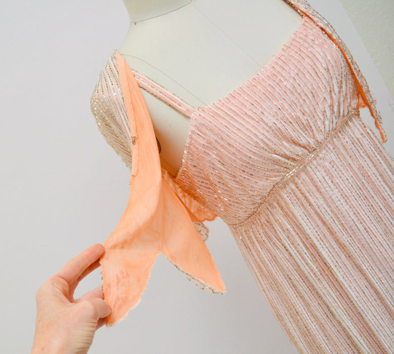 70s Vintage Alfred Bosand Pink Beaded Lace Dress and Capelet White Silver // Vintage White Lace Wedding Dress Evening Gown Beaded Shawl