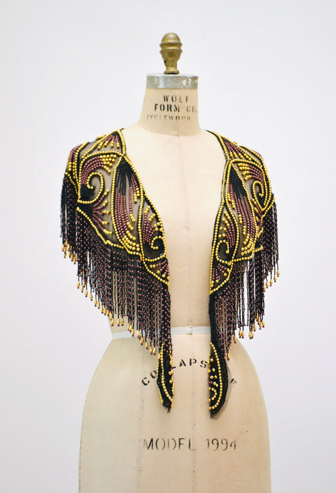 Vintage Gold Black Beaded Rhinestone Shawl Wrap Burlesque Wedding Flapper Gold Metallic Beaded Vintage Fringe Collar Shawl GOld Flapper