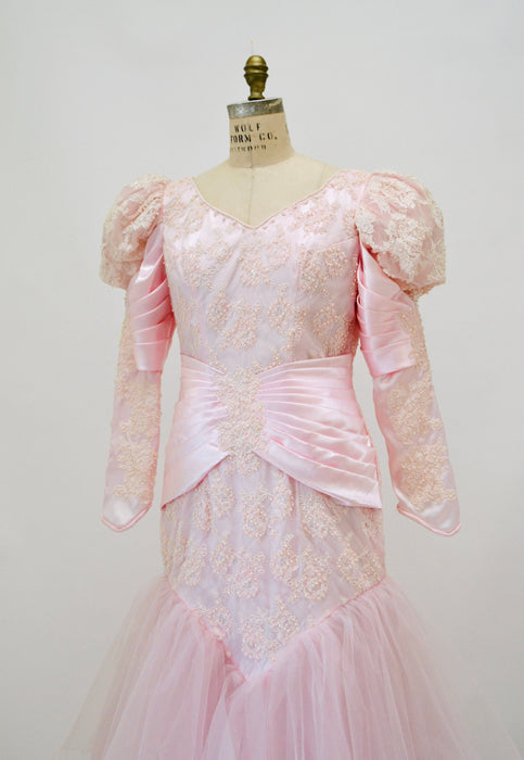 Vintage 80s Pink Ball Gown Wedding Dress Beaded Sequin Medium Pink Ball Pageant Gown Dress //80s Pink Glinda Wedding Dress Princess Gown