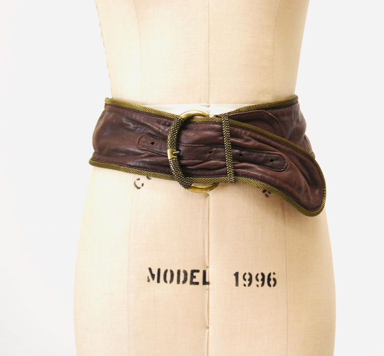 90s Y2K Vintage Large Brown Leather Belt Bronze Gold Wide Brown Leather Belt Boho Wedding Wide Brown Leather Belt Small Medium Made in Italy