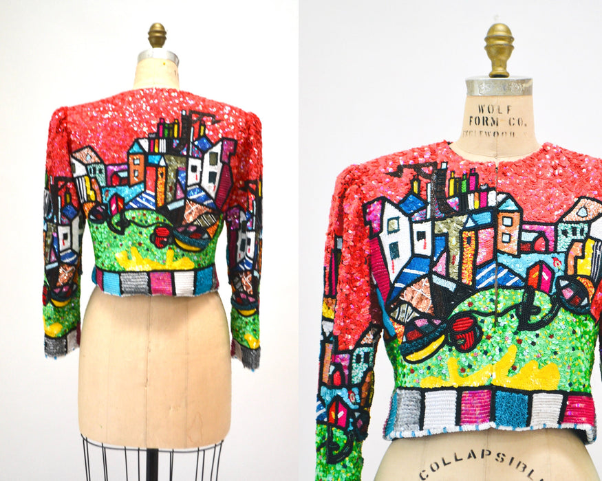 90s Vintage Jeanette Kastenberg Platinum Sequin Picasso Romero Britto Brazilian Miami Cubism Inspired Red Sequin Beaded Jacket Medium