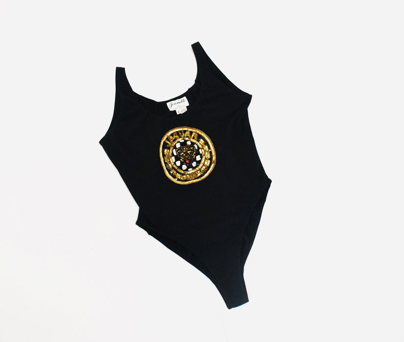 90s Black Sequin Body Suit Knit Body Suit Leotard High Cut 80s 90s body Suit with Sequin Jaguar Car Logo By Jeanette Kastenberg Small Medium