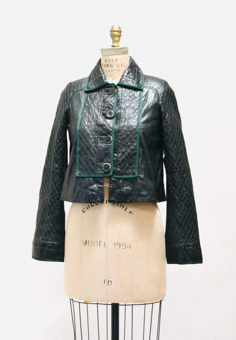 Vintage Just Cavalli Dark Green Leather Quilted Jacket XS Small Roberto Cavalli Leather Jacket// Vintage Green Moto Swing Leather Jacket
