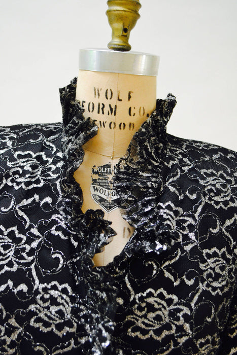 80s Vintage Black Silver Metallic Lace Jacket Blazer Suit by Carolina Herrera Studio Medium Large// 80s Black Lace Jacket Suit Ruffle Jacket