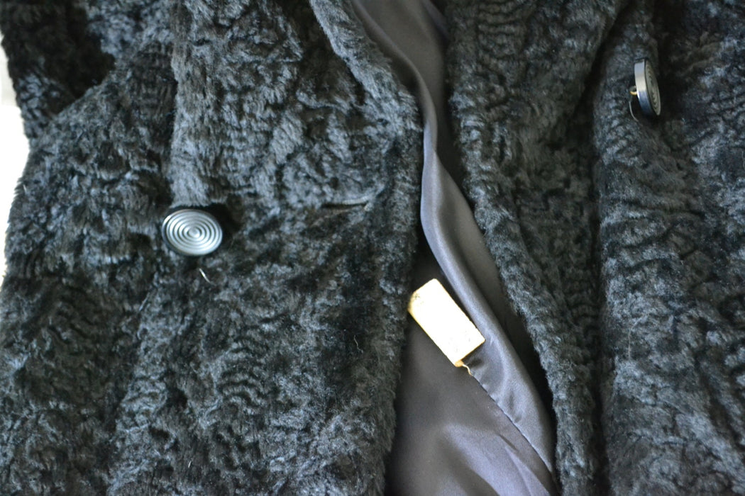 50s 60s Vintage Black Faux Fur Coat Jacket Size Large// Vintage Black Vegan Fur Coat Jacket Size Large Persian Lamb Aline 60s Faux Fur Coat