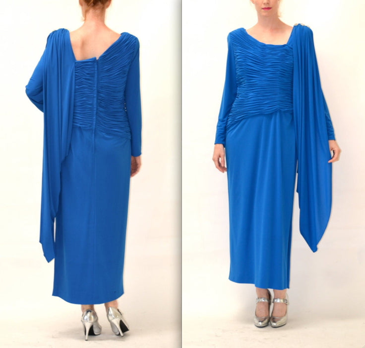 Vintage Draped Goddess Dress Gown Large XL Cobalt Blue By Rose Taft//  Vintage Blue Evening Gown Dress Asymmetrical Long Sleeves Bright Blue