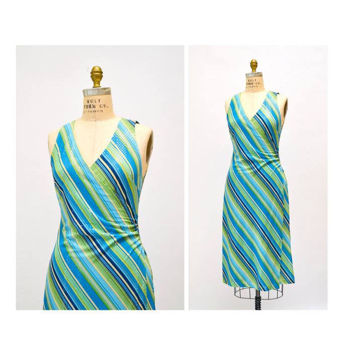 90s 2000s Y2k Vintage Club Dress Blue gren Knit Metallic Disco Dress Medium Stretch Dress// 2000s y2k Party Club Prom Dress Large